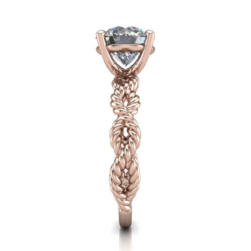 Sarah round rope solitaire engagement ring in 14K Rose Gold with twisted cable band, side profile showing the braided rope-twist band