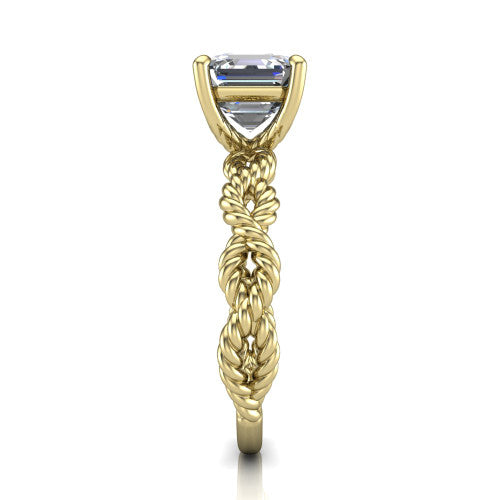 Sarah asscher rope solitaire engagement ring in 18K Yellow Gold with twisted cable band, side profile showing the braided rope-twist band
