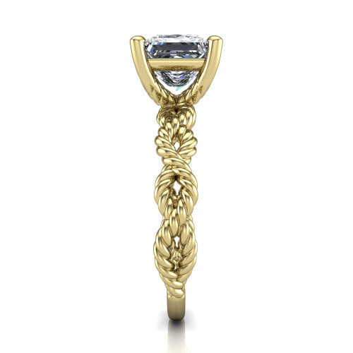 Sarah princess rope solitaire engagement ring in 14K Yellow Gold with twisted cable band, side profile showing the braided rope-twist band