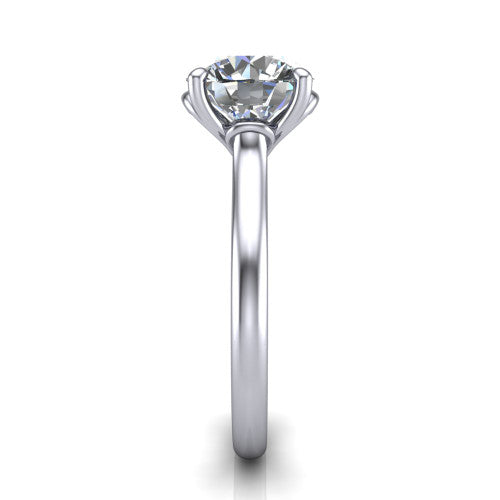 Nevaeh round solitaire engagement ring in 14K White Gold with plain band and heart gallery, side profile showing the plain band and heart-shaped gallery