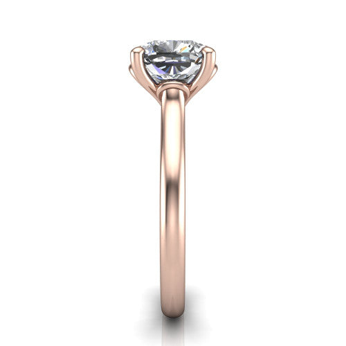 Nevaeh cushion solitaire engagement ring in 14K Rose Gold with plain band and heart gallery, side profile showing the plain band and heart-shaped gallery