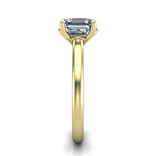 Nevaeh asscher solitaire engagement ring in 14K Yellow Gold with plain band and heart gallery, side profile showing the plain band and heart-shaped gallery