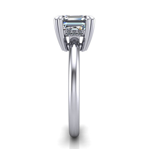 Lilian asscher hidden halo engagement ring in Platinum with double-prong head and plain band, side profile showing the hidden halo basket and plain band
