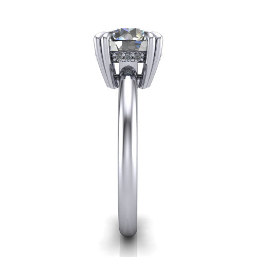 Lilian round hidden halo engagement ring in 14K White Gold with double-prong head and plain band, side profile showing the hidden halo basket and plain band