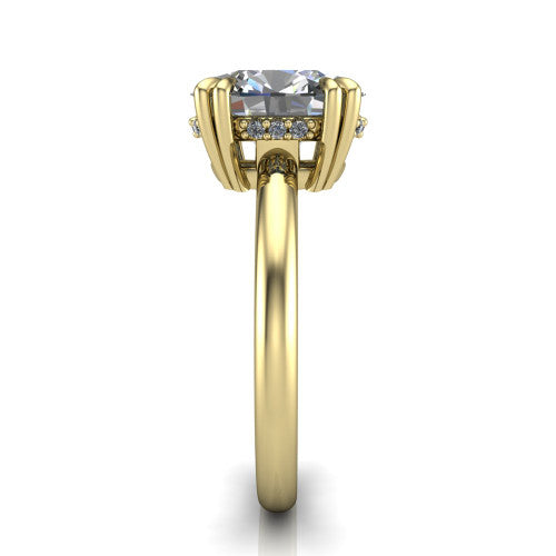 Lilian oval hidden halo engagement ring in 18K Yellow Gold with double-prong head and plain band, side profile showing the hidden halo basket and plain band
