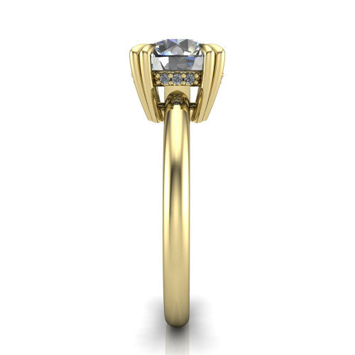 Lilian round hidden halo engagement ring in 18K Yellow Gold with double-prong head and plain band, side profile showing the hidden halo basket and plain band