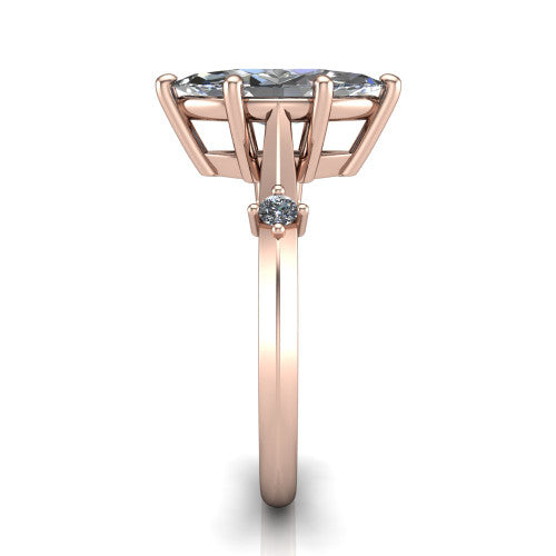 Raelynn marquise accent engagement ring in 18K Rose Gold with kite-set geometric side stones, side profile showing the plain band and kite-set side accent