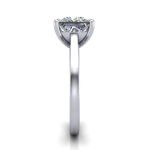 Samantha princess engraved solitaire engagement ring in 18K White Gold with scrollwork band, side profile showing the hand-engraved scrollwork band