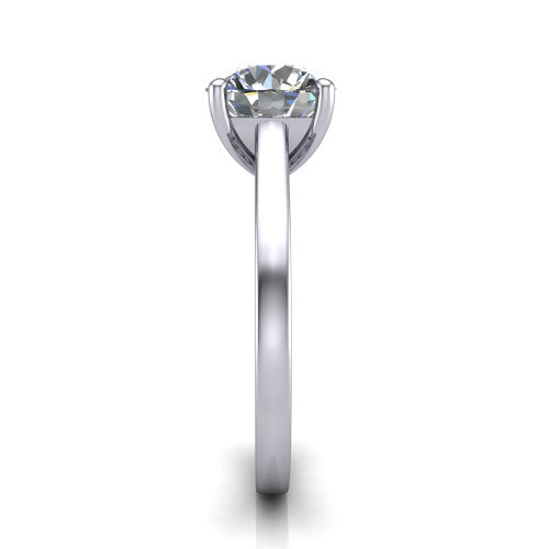 Samantha round engraved solitaire engagement ring in 18K White Gold with scrollwork band, side profile showing the hand-engraved scrollwork band