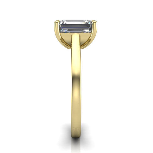 Samantha emerald engraved solitaire engagement ring in 14K Yellow Gold with scrollwork band, side profile showing the hand-engraved scrollwork band