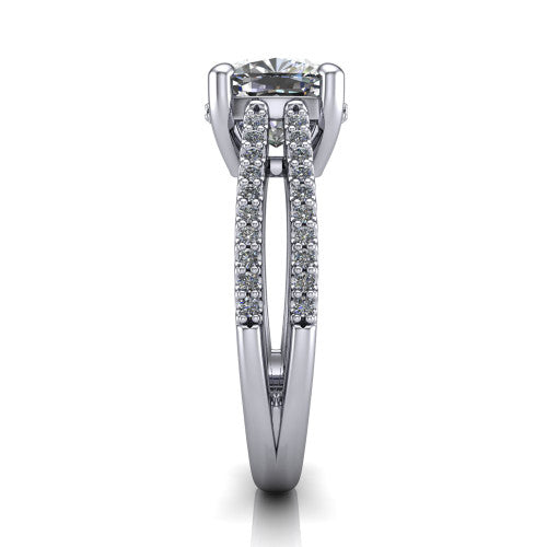 Linda cushion hidden halo engagement ring in Platinum with pavé split shank, side profile showing the hidden halo and pavé split shank
