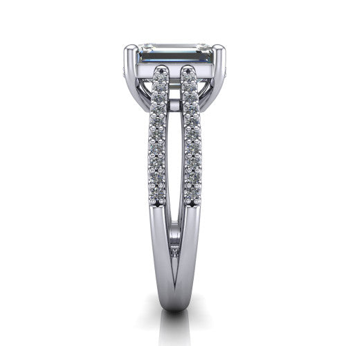 Linda emerald hidden halo engagement ring in 14K White Gold with pavé split shank, side profile showing the hidden halo and pavé split shank