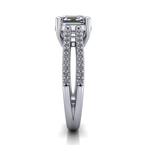 Linda asscher hidden halo engagement ring in Platinum with pavé split shank, side profile showing the hidden halo and pavé split shank