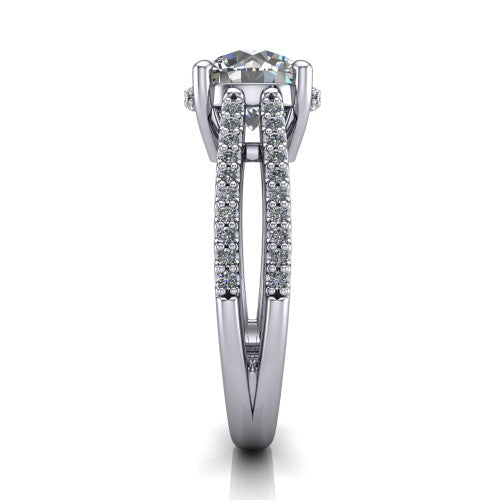 Linda round hidden halo engagement ring in 18K White Gold with pavé split shank, side profile showing the hidden halo and pavé split shank