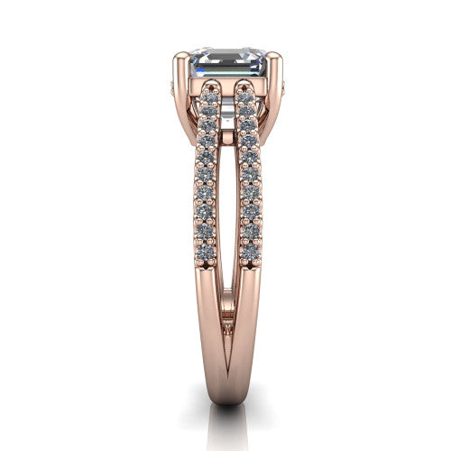 Linda asscher hidden halo engagement ring in 14K Rose Gold with pavé split shank, side profile showing the hidden halo and pavé split shank