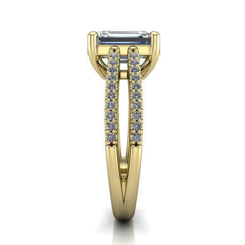 Linda emerald hidden halo engagement ring in 14K Yellow Gold with pavé split shank, side profile showing the hidden halo and pavé split shank