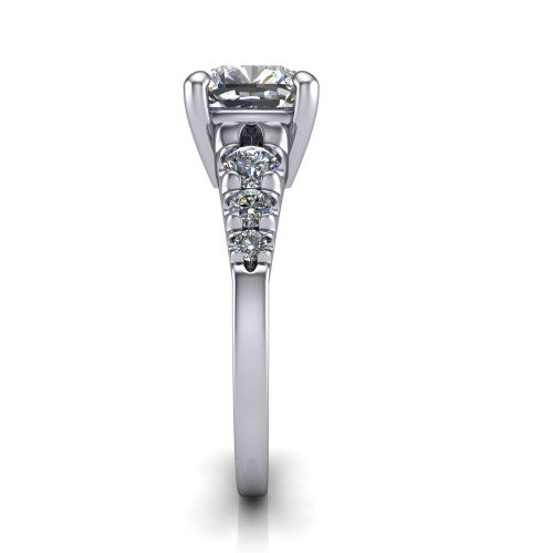 Millie cushion accent engagement ring in 14K White Gold with graduated round side stones, side profile showing the graduated side stones and plain band
