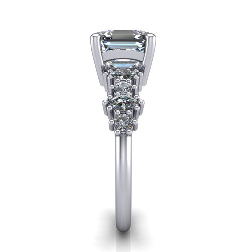 Piper asscher cluster accent engagement ring in Platinum with marquise-and-round side stones, side profile showing the plain band and side accent cluster