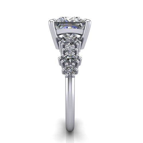 Piper princess cluster accent engagement ring in 14K White Gold with marquise-and-round side stones, side profile showing the plain band and side accent cluster