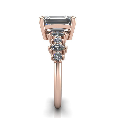 Piper emerald cluster accent engagement ring in 14K Rose Gold with marquise-and-round side stones, side profile showing the plain band and side accent cluster