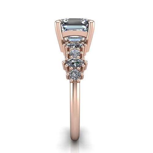Piper asscher cluster accent engagement ring in 18K Rose Gold with marquise-and-round side stones, side profile showing the plain band and side accent cluster