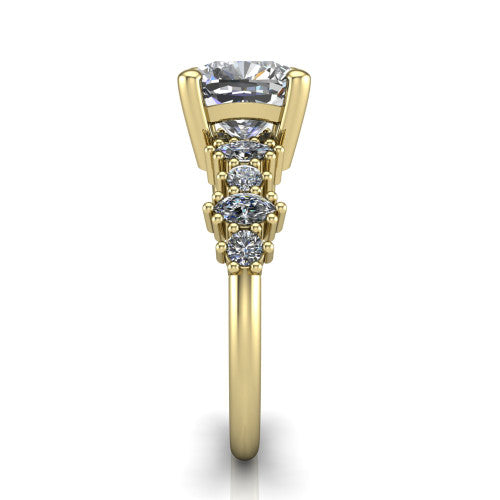 Piper cushion cluster accent engagement ring in 18K Yellow Gold with marquise-and-round side stones, side profile showing the plain band and side accent cluster