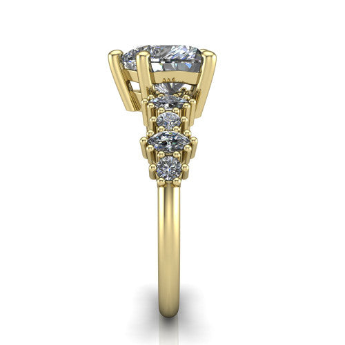 Piper heart cluster accent engagement ring in 18K Yellow Gold with marquise-and-round side stones, side profile showing the plain band and side accent cluster