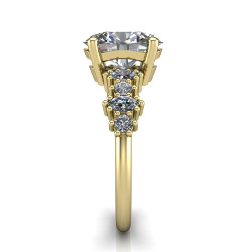 Piper oval cluster accent engagement ring in 14K Yellow Gold with marquise-and-round side stones, side profile showing the plain band and side accent cluster