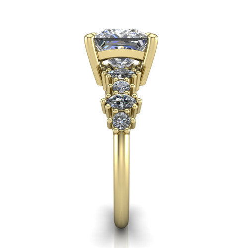 Piper princess cluster accent engagement ring in 14K Yellow Gold with marquise-and-round side stones, side profile showing the plain band and side accent cluster
