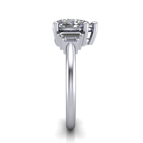 Jolene pear five stone engagement ring in Platinum with bar-set emerald-cut side stones, side profile showing the plain band and bar-set side stones