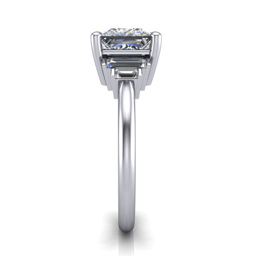 Jolene princess five stone engagement ring in Platinum with bar-set emerald-cut side stones, side profile showing the plain band and bar-set side stones