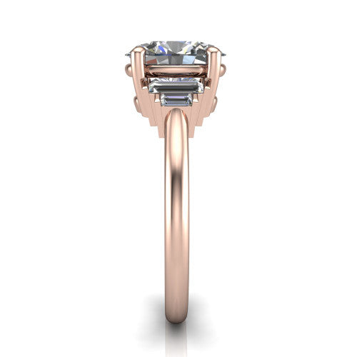 Jolene oval five stone engagement ring in 18K Rose Gold with bar-set emerald-cut side stones, side profile showing the plain band and bar-set side stones