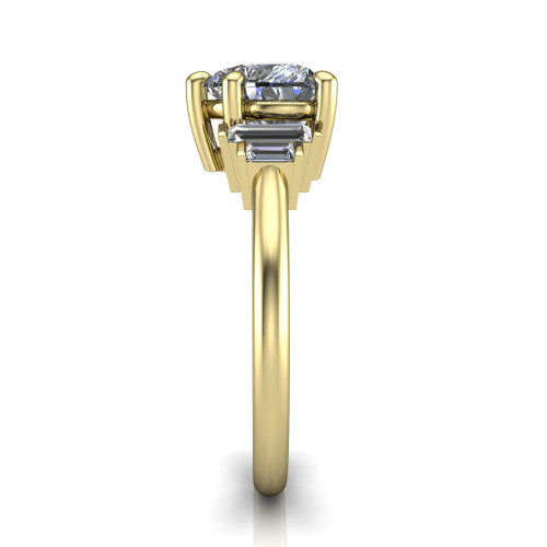 Jolene heart five stone engagement ring in 14K Yellow Gold with bar-set emerald-cut side stones, side profile showing the plain band and bar-set side stones