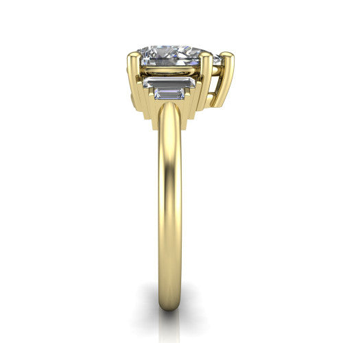 Jolene pear five stone engagement ring in 14K Yellow Gold with bar-set emerald-cut side stones, side profile showing the plain band and bar-set side stones