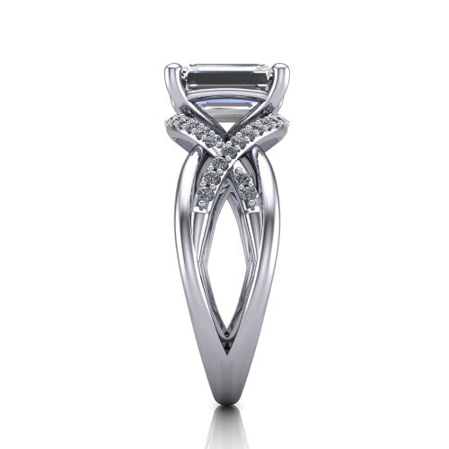 Charlie emerald woven pavé engagement ring in 14K White Gold with split shank and hidden halo, side profile showing the woven split shank and hidden halo