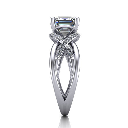 Charlie asscher woven pavé engagement ring in 14K White Gold with split shank and hidden halo, side profile showing the woven split shank and hidden halo