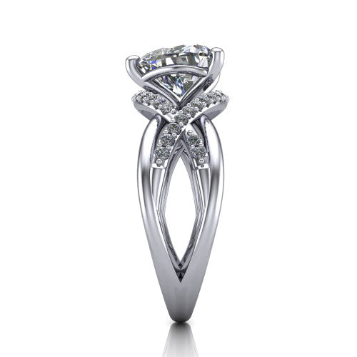 Charlie heart woven pavé engagement ring in Platinum with split shank and hidden halo, side profile showing the woven split shank and hidden halo