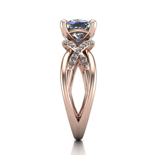 Charlie cushion woven pavé engagement ring in 18K Rose Gold with split shank and hidden halo, side profile showing the woven split shank and hidden halo