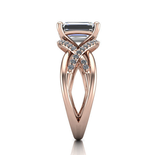 Charlie emerald woven pavé engagement ring in 14K Rose Gold with split shank and hidden halo, side profile showing the woven split shank and hidden halo