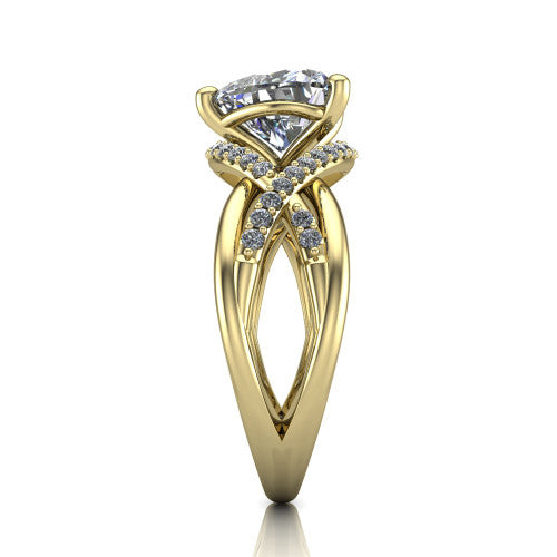 Charlie heart woven pavé engagement ring in 14K Yellow Gold with split shank and hidden halo, side profile showing the woven split shank and hidden halo