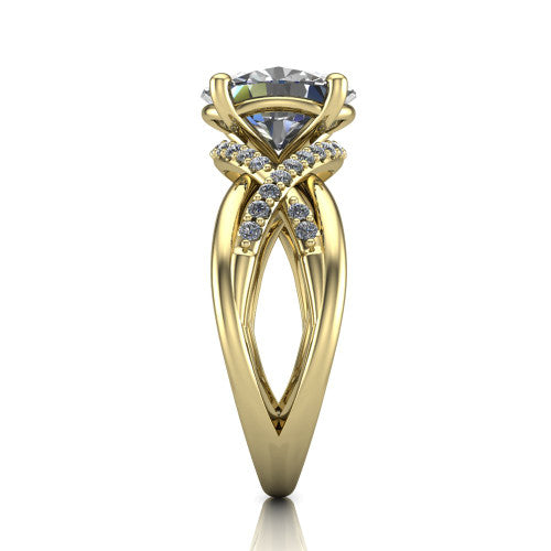 Charlie oval woven pavé engagement ring in 18K Yellow Gold with split shank and hidden halo, side profile showing the woven split shank and hidden halo