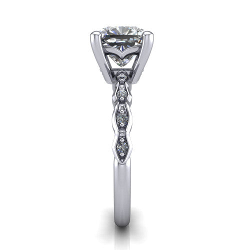 Cassie cushion vintage station engagement ring in 14K White Gold with marquise milgrain band and bezel accents, side profile showing the marquise station band and bezel accents