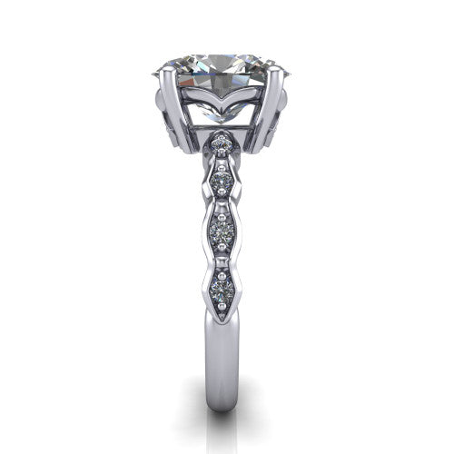 Cassie oval vintage station engagement ring in 14K White Gold with marquise milgrain band and bezel accents, side profile showing the marquise station band and bezel accents