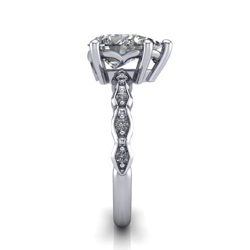 Cassie pear vintage station engagement ring in 14K White Gold with marquise milgrain band and bezel accents, side profile showing the marquise station band and bezel accents