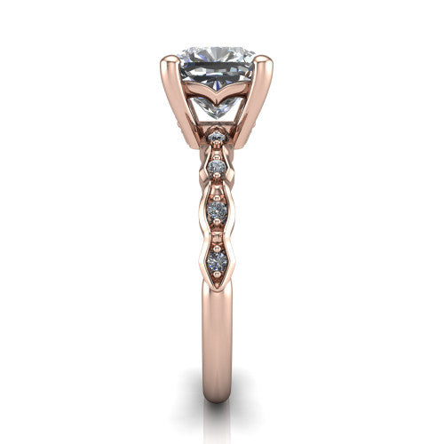 Cassie cushion vintage station engagement ring in 18K Rose Gold with marquise milgrain band and bezel accents, side profile showing the marquise station band and bezel accents