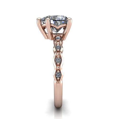Cassie heart vintage station engagement ring in 14K Rose Gold with marquise milgrain band and bezel accents, side profile showing the marquise station band and bezel accents