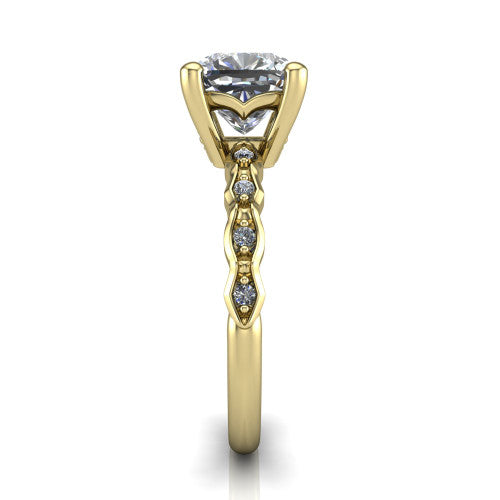 Cassie cushion vintage station engagement ring in 18K Yellow Gold with marquise milgrain band and bezel accents, side profile showing the marquise station band and bezel accents