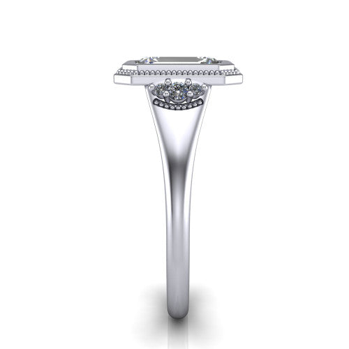 Elliana emerald bezel-set solitaire engagement ring in Platinum with squared milgrain bezel and pavé shoulders, side profile showing the milgrain bezel and split gallery
