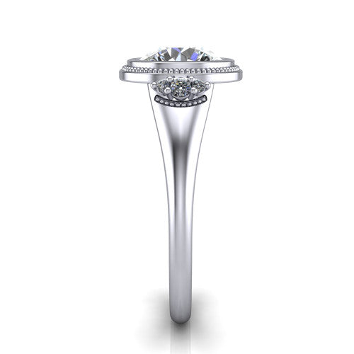 Elliana round bezel-set solitaire engagement ring in Platinum with squared milgrain bezel and pavé shoulders, side profile showing the milgrain bezel and split gallery