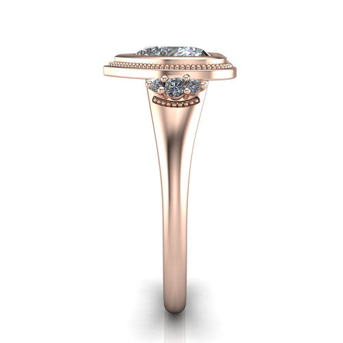 Elliana heart bezel-set solitaire engagement ring in 18K Rose Gold with squared milgrain bezel and pavé shoulders, side profile showing the milgrain bezel and split gallery